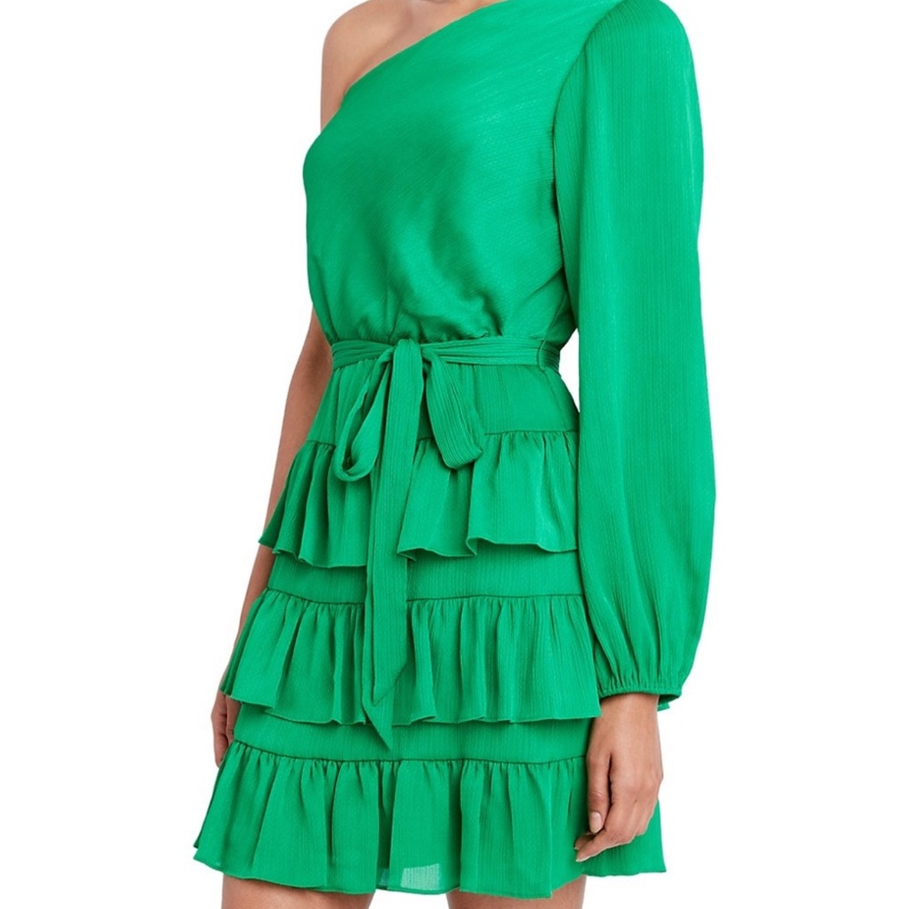 BCBGMAXAZRIA: One-Shoulder Green Ruffle Dress